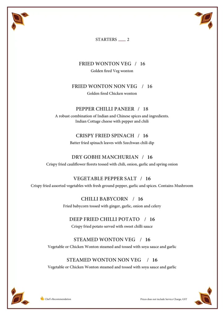 INDIAN WOK STARTERS MENU WITH PRICES
