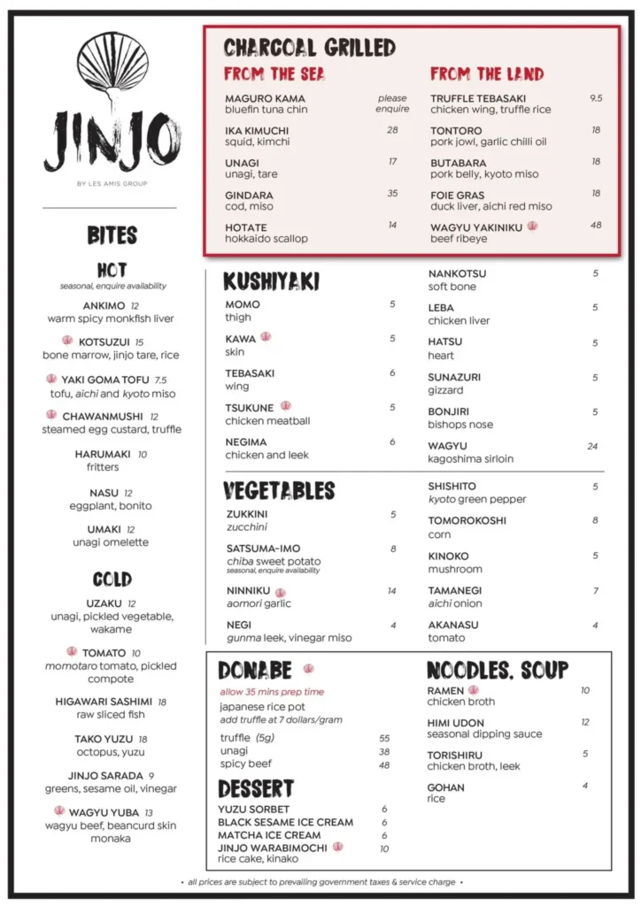 JINJO HOT & COLD BITES MENU WITH PRICES

